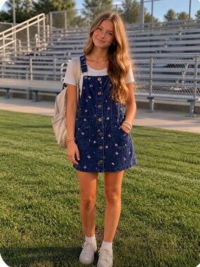 OshKosh B'gosh Navy Blue Floral Corduroy Button-Front Overall Dress Size 14